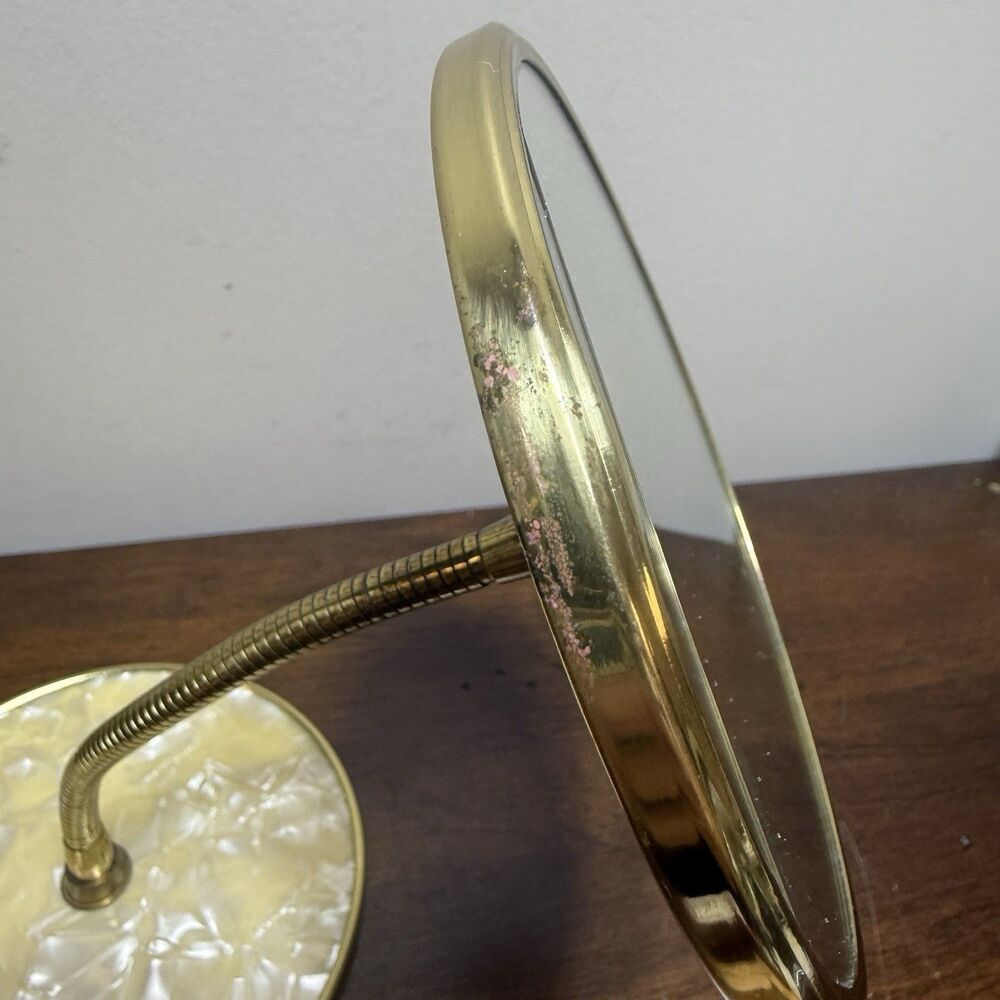 Vintage Brass Gooseneck Double Vanity Mirror Pearlescent Base Hollywood Regency - Picture 7 of 11